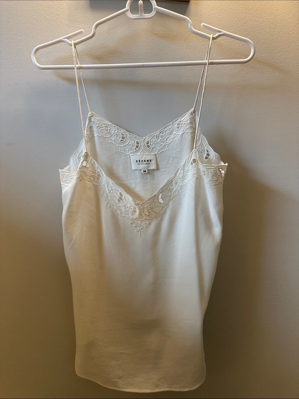 Sezane Lace-Trim White Silk Cami Top